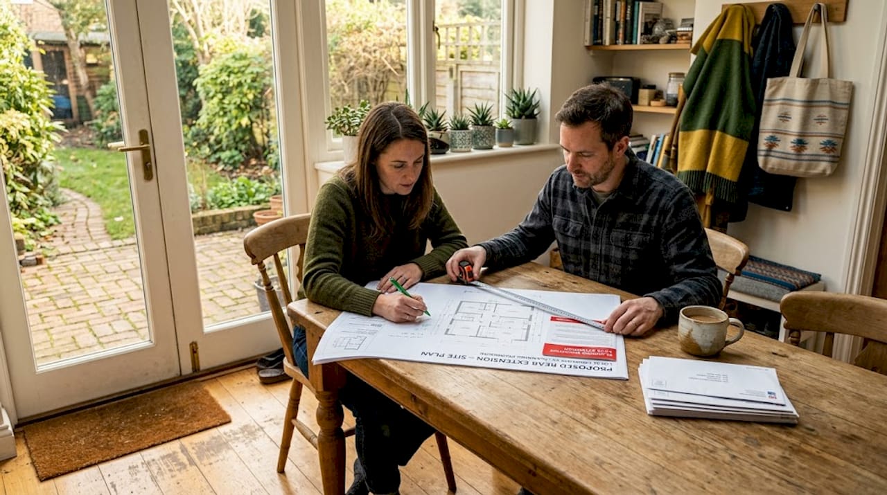 Couple reviewing home extension plans in kitchen