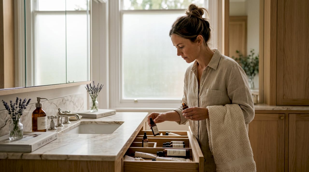 Homeowner organizing essentials in elegant bathroom