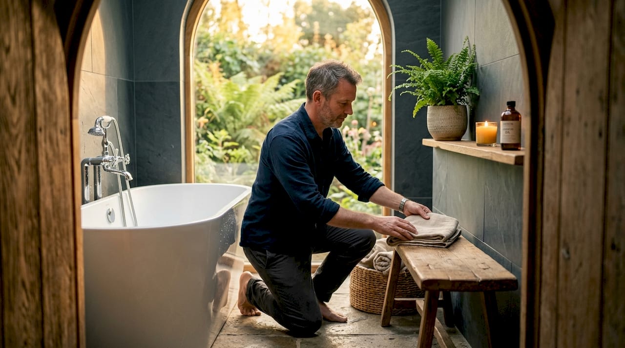 Man placing towel in spa-style bathroom