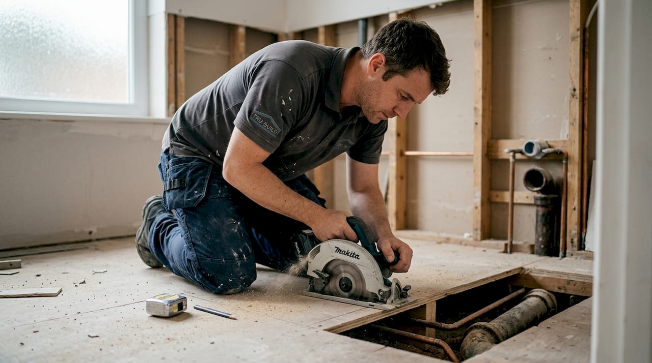 Renovation cutting floor for toilet plumbing