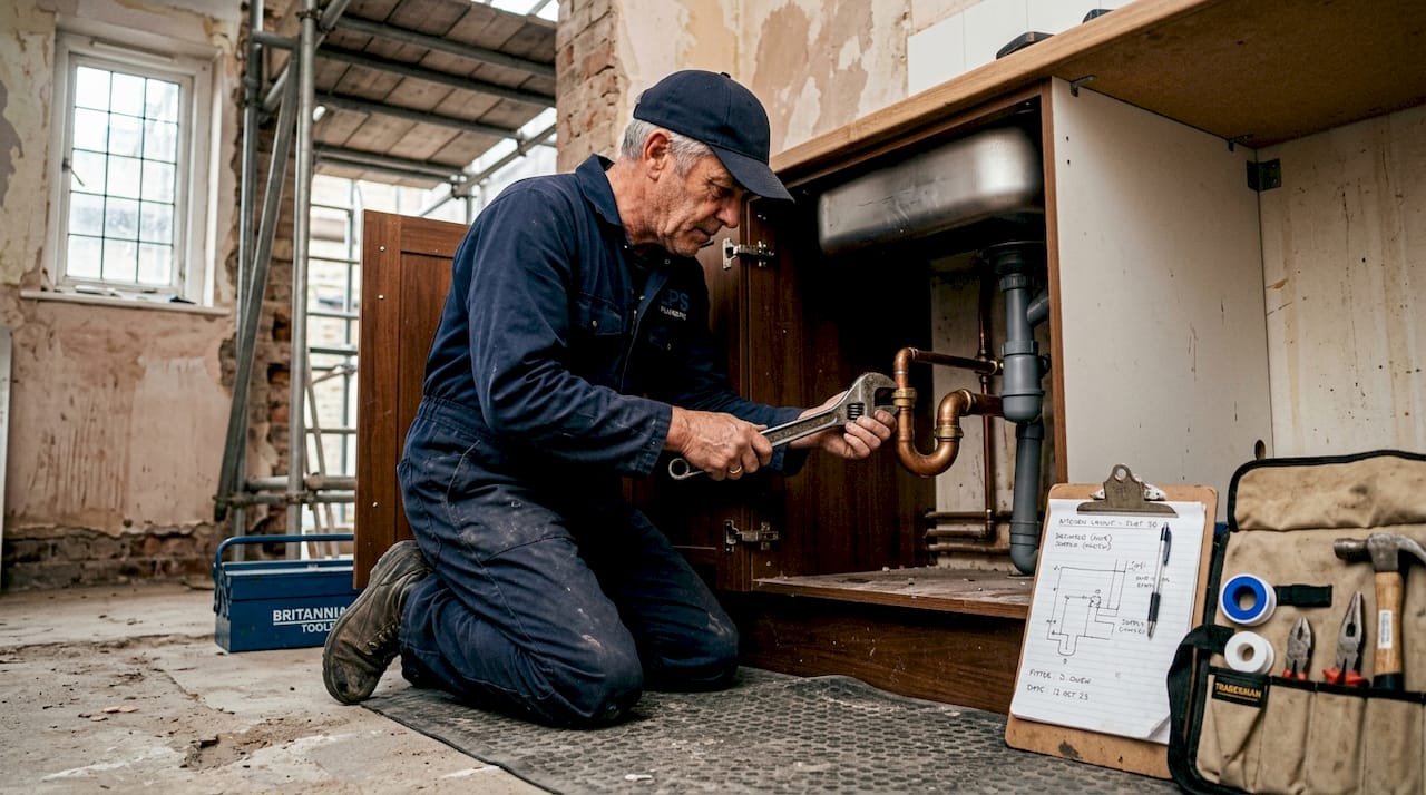 Plumber working under kitchen sink during renovation