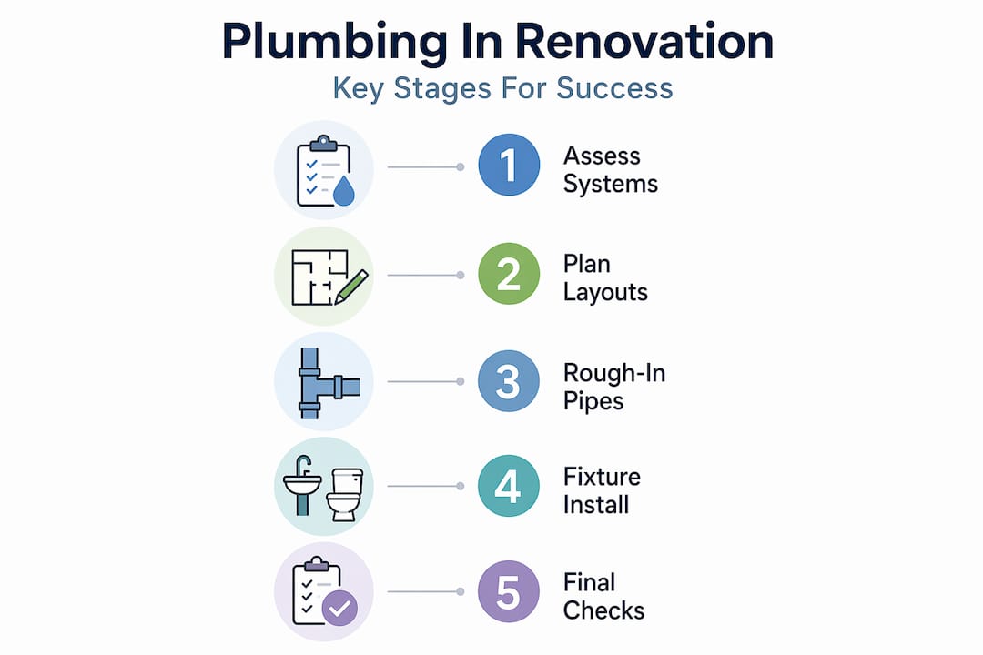 Plumbing renovation workflow illustrated in five steps