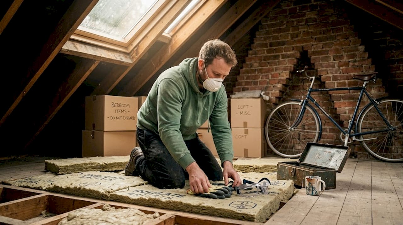 London homeowner preparing loft insulation workspace