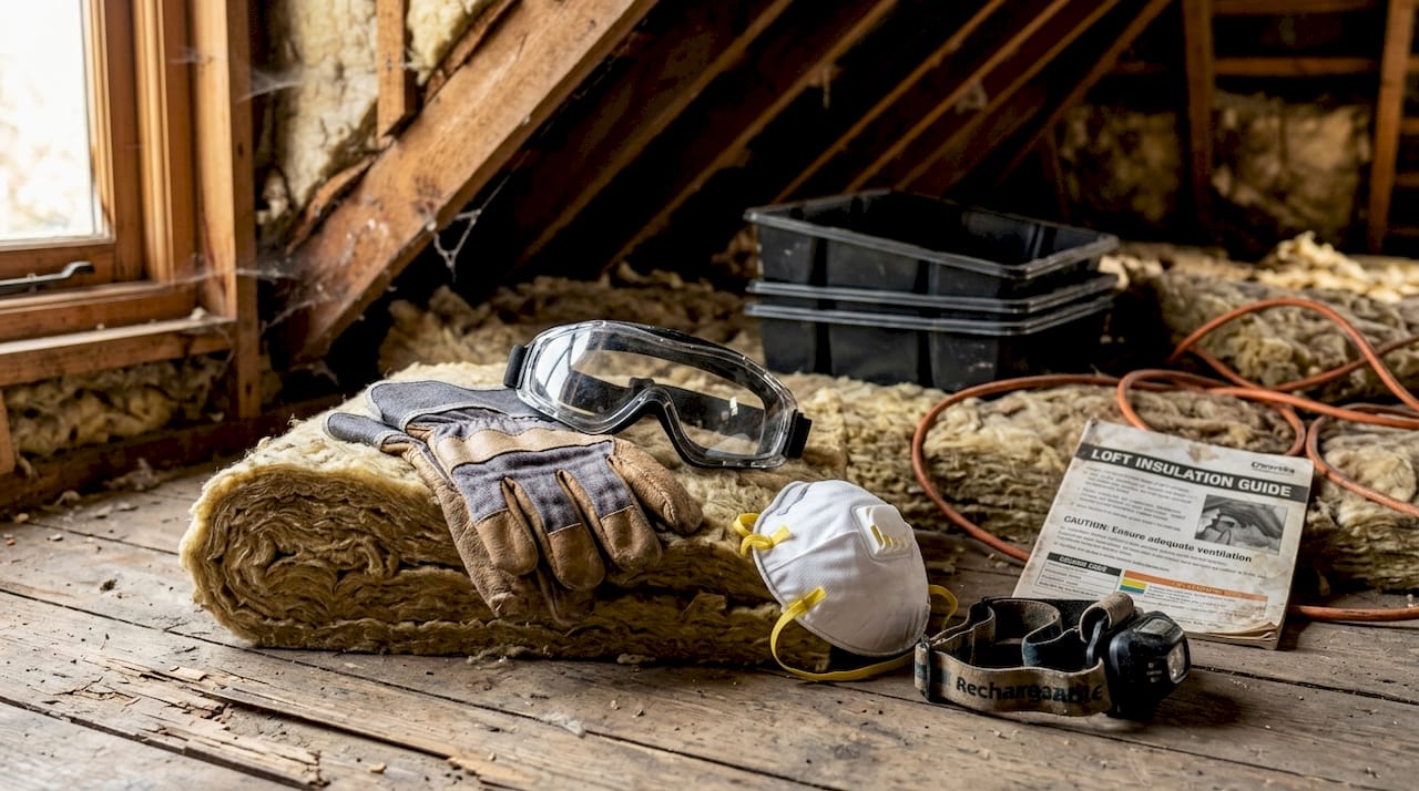 Set of loft insulation safety gear and tools