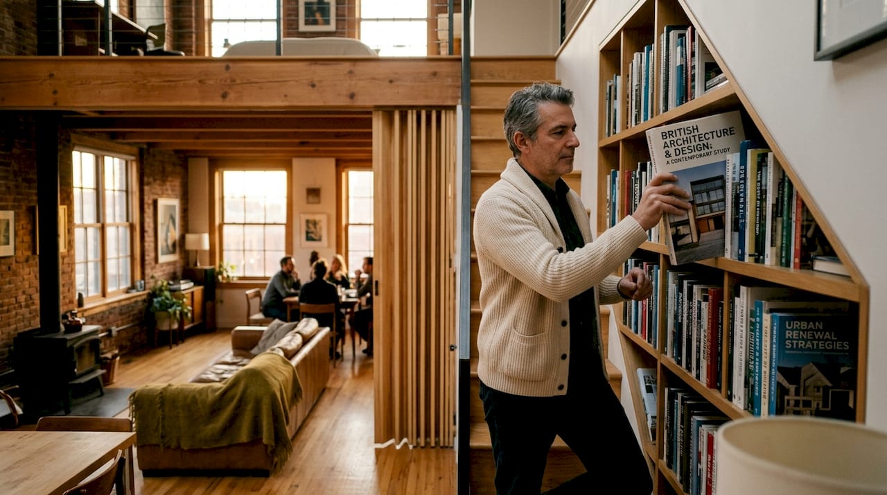 Architect using privacy panel in Brooklyn loft