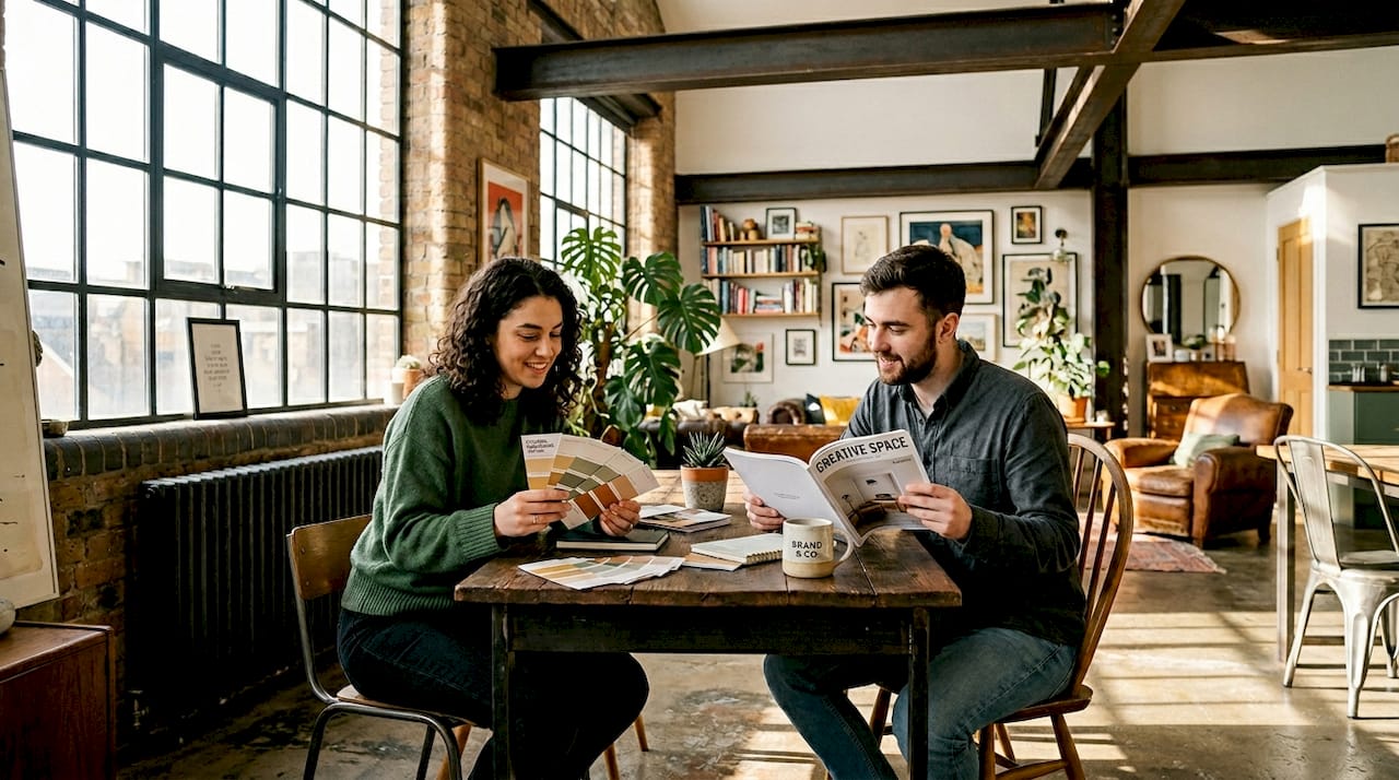 Couple planning decor in industrial loft