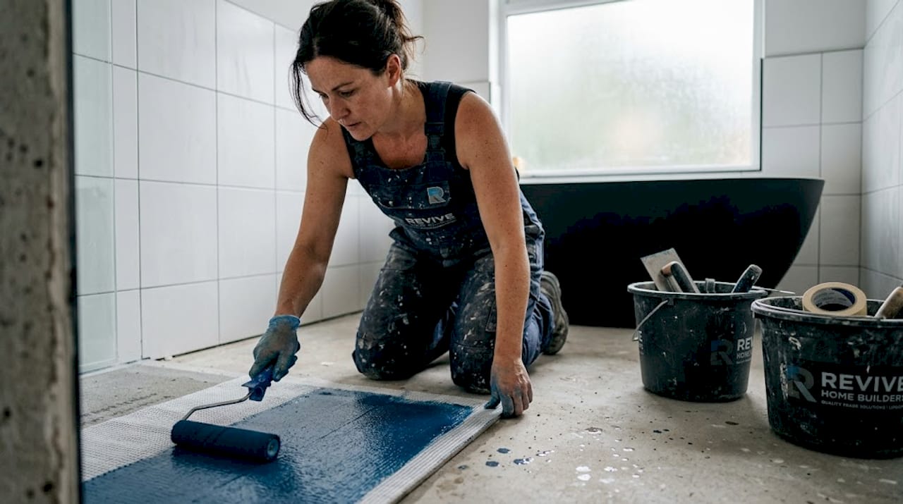 Contractor applying waterproofing membrane in bathroom
