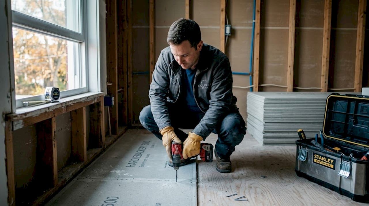 Worker installing cement board bathroom substrate