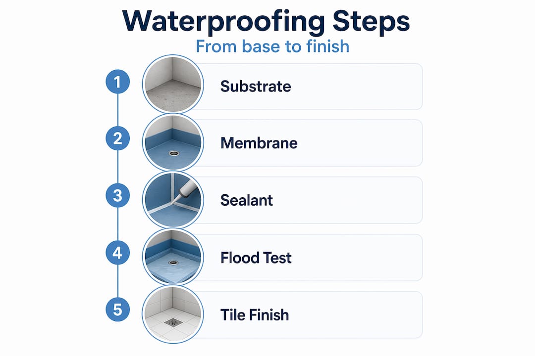 Infographic bathroom waterproofing steps from base to finish
