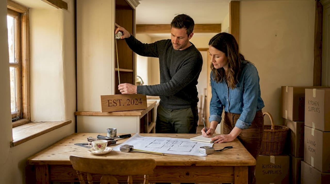 Homeowners planning kitchen fitting at table