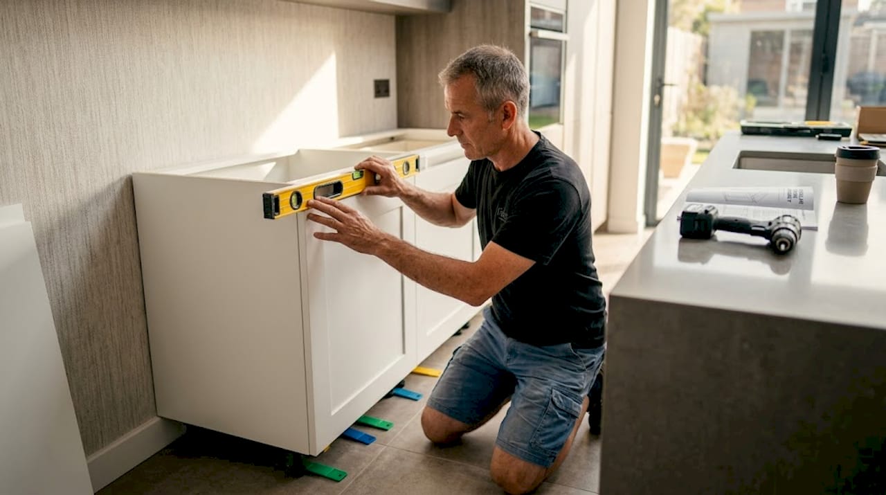Leveling kitchen base cabinets with a spirit level
