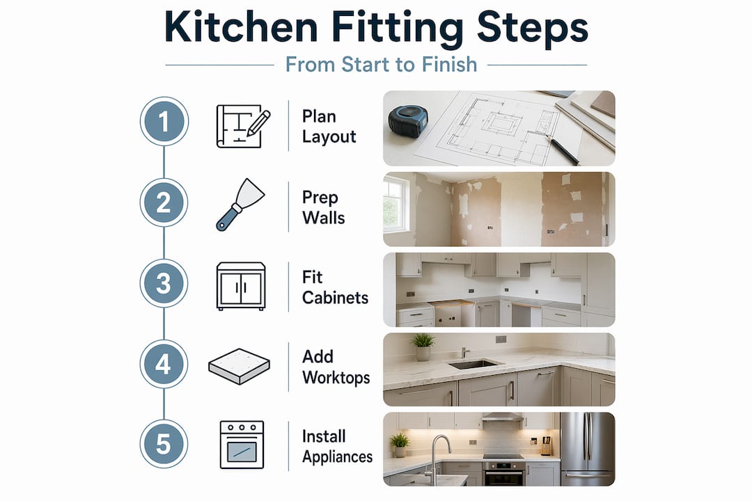 Infographic with kitchen fitting step-by-step flow