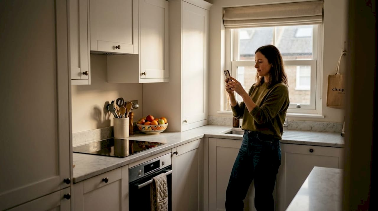 Woman photographing compact kitchen layout