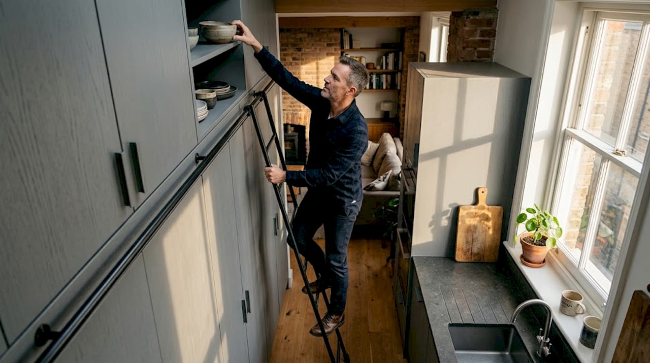 Man using ladder for tall kitchen cabinets