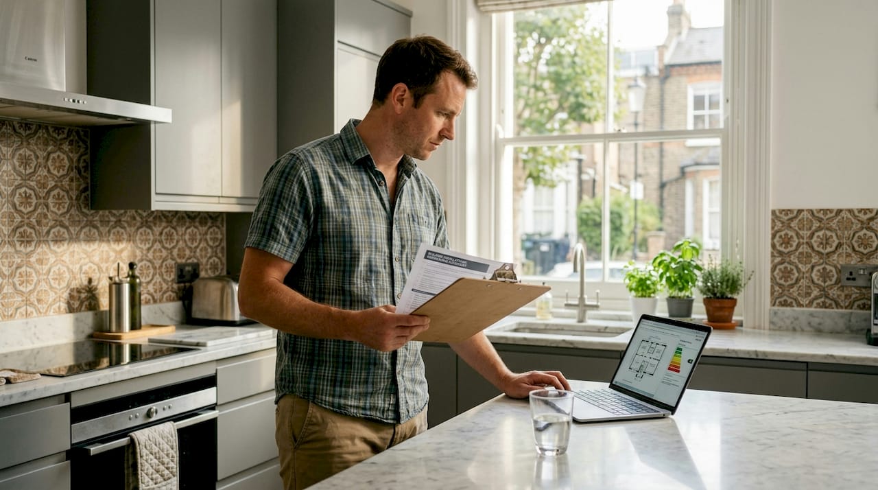 Contractor reviews compliance paperwork onsite
