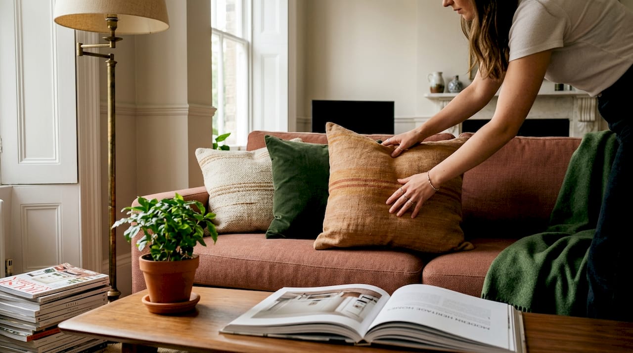 Woman arranging cushions in London home living room
