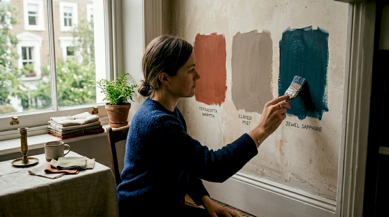 Hand testing paint swatches in period London home