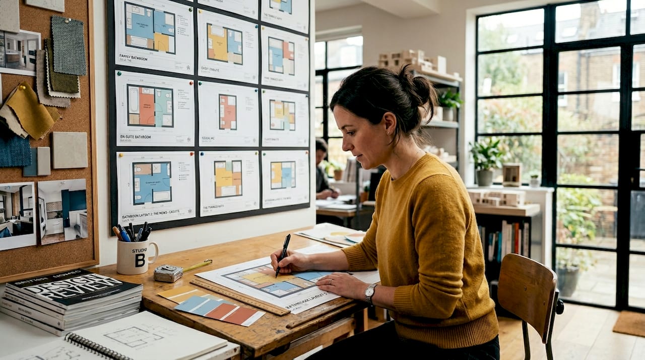 Architect reviewing bathroom layout plans