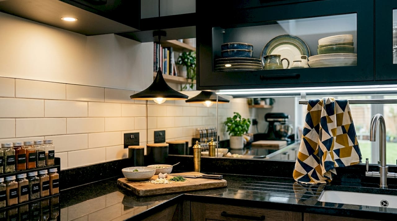 Kitchen corner showing four lighting layers