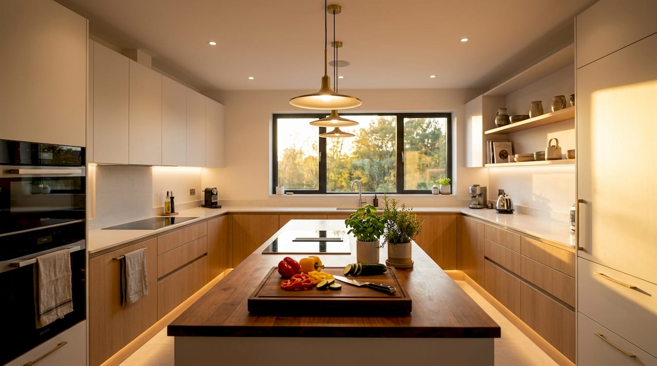 Modern kitchen with layered lighting examples