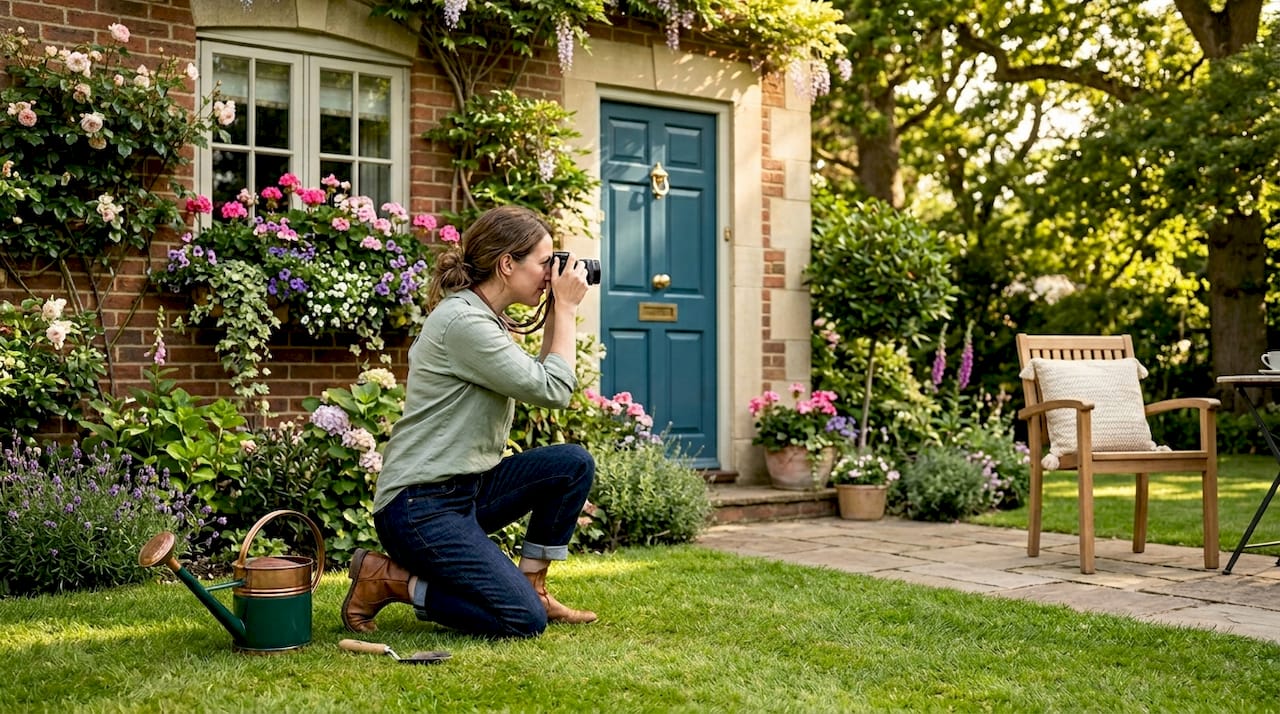 Homeowner photographing their house exterior