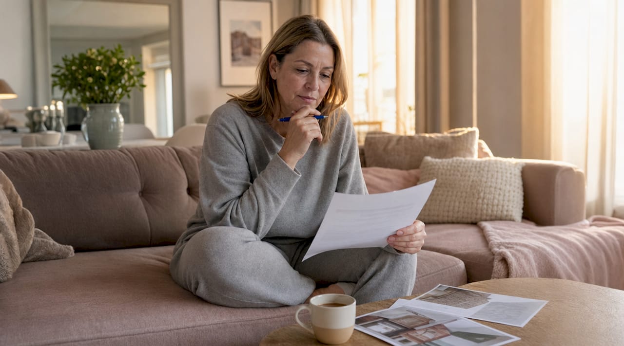 Homeowner reading a build contract at kitchen table