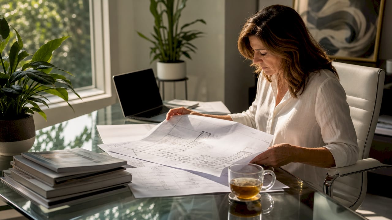 Homeowner studying renovation blueprints at table