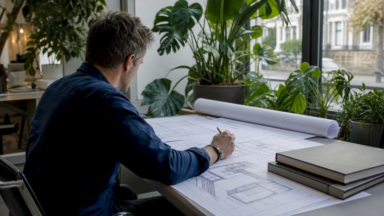 Architect reviewing cellar conversion plans