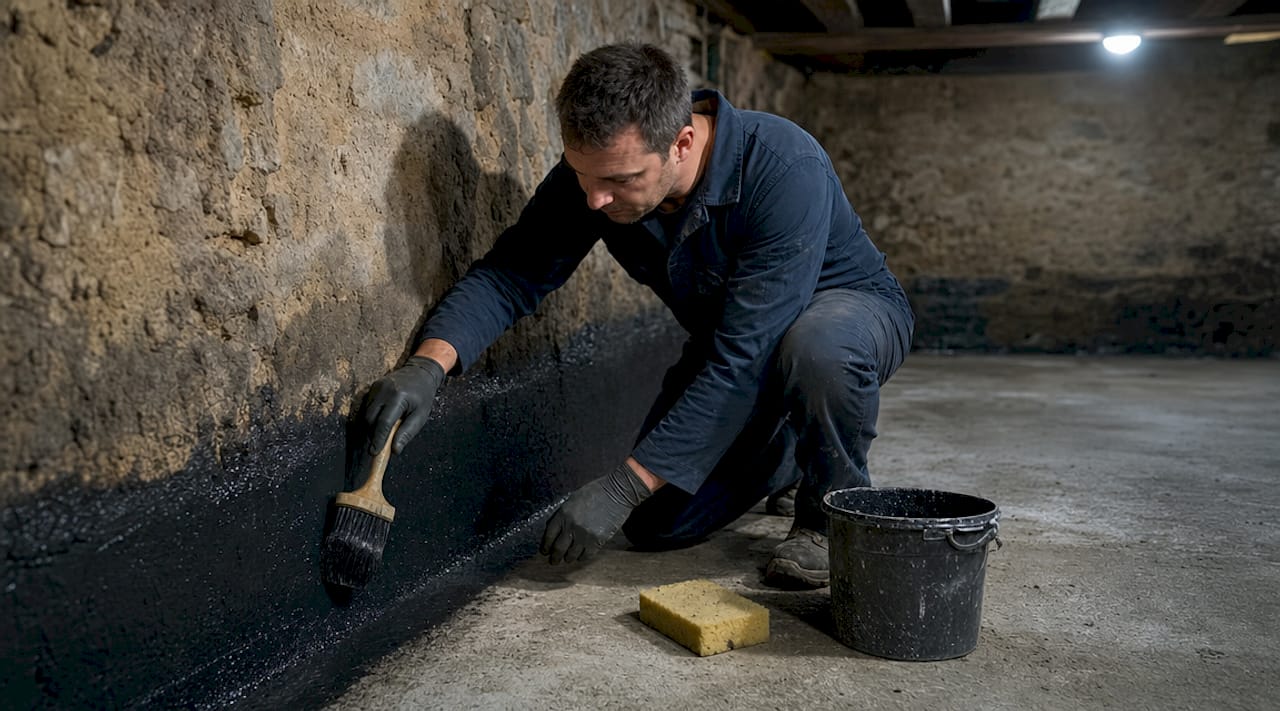 Technician applying cellar waterproofing membrane