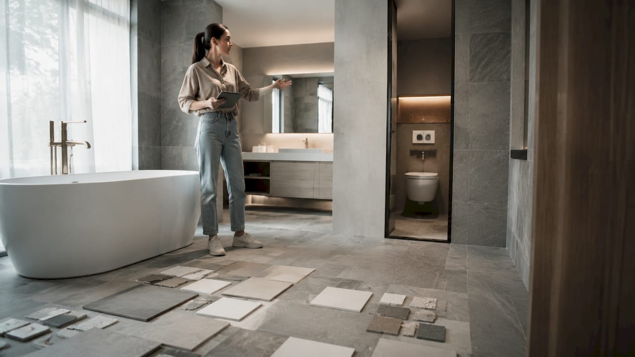 Interior designer evaluating bathroom zoning layout