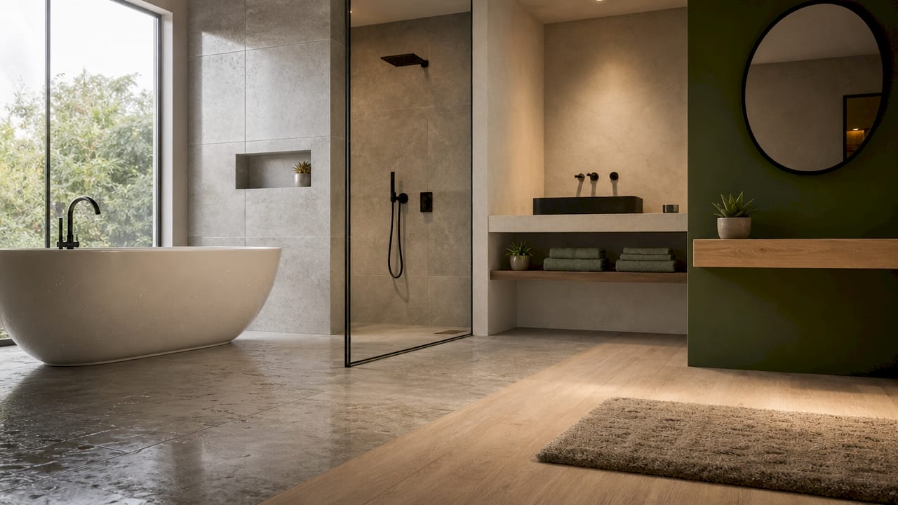 Modern bathroom showing wet, semi-wet, dry zones