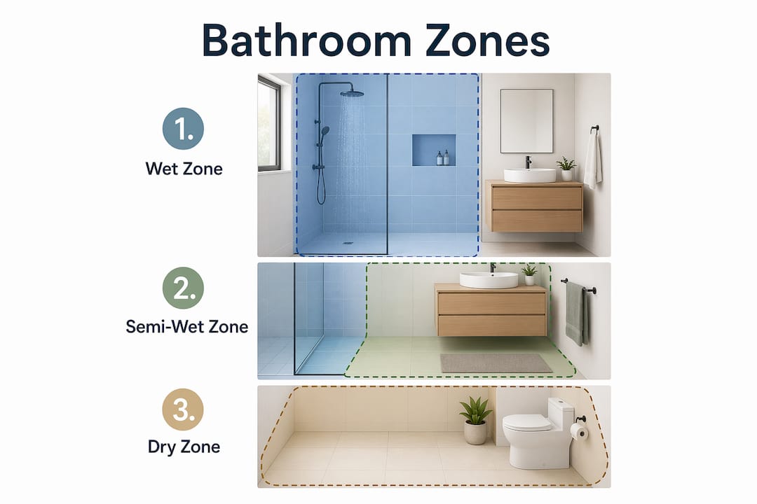 Infographic showing bathroom zones and their characteristics