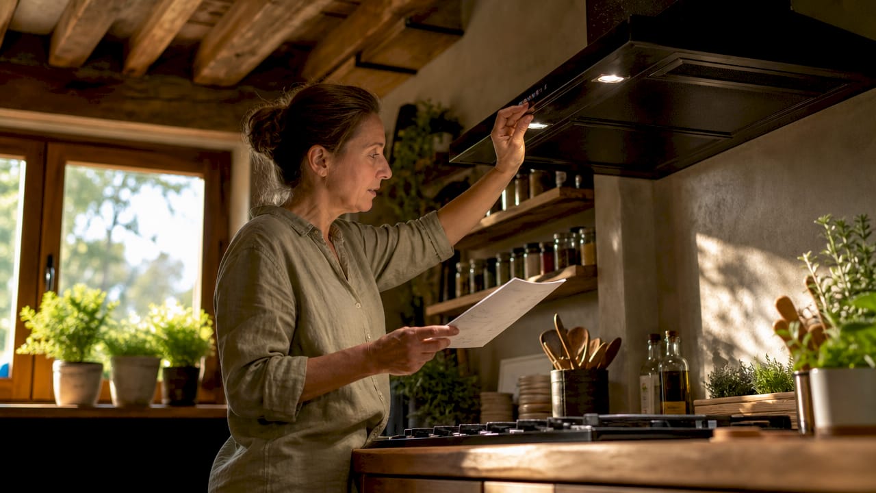 Woman adjusting kitchen ventilation system in bright kitchen