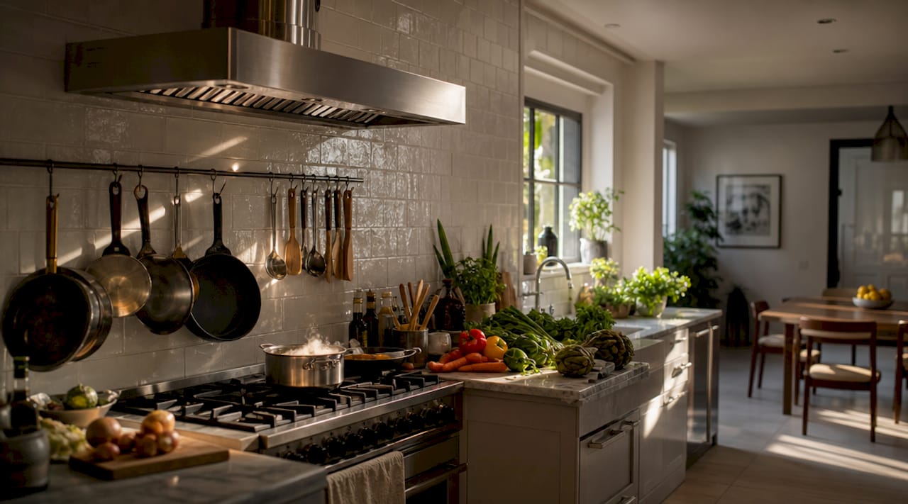 Close-up of kitchen range hood and duct components