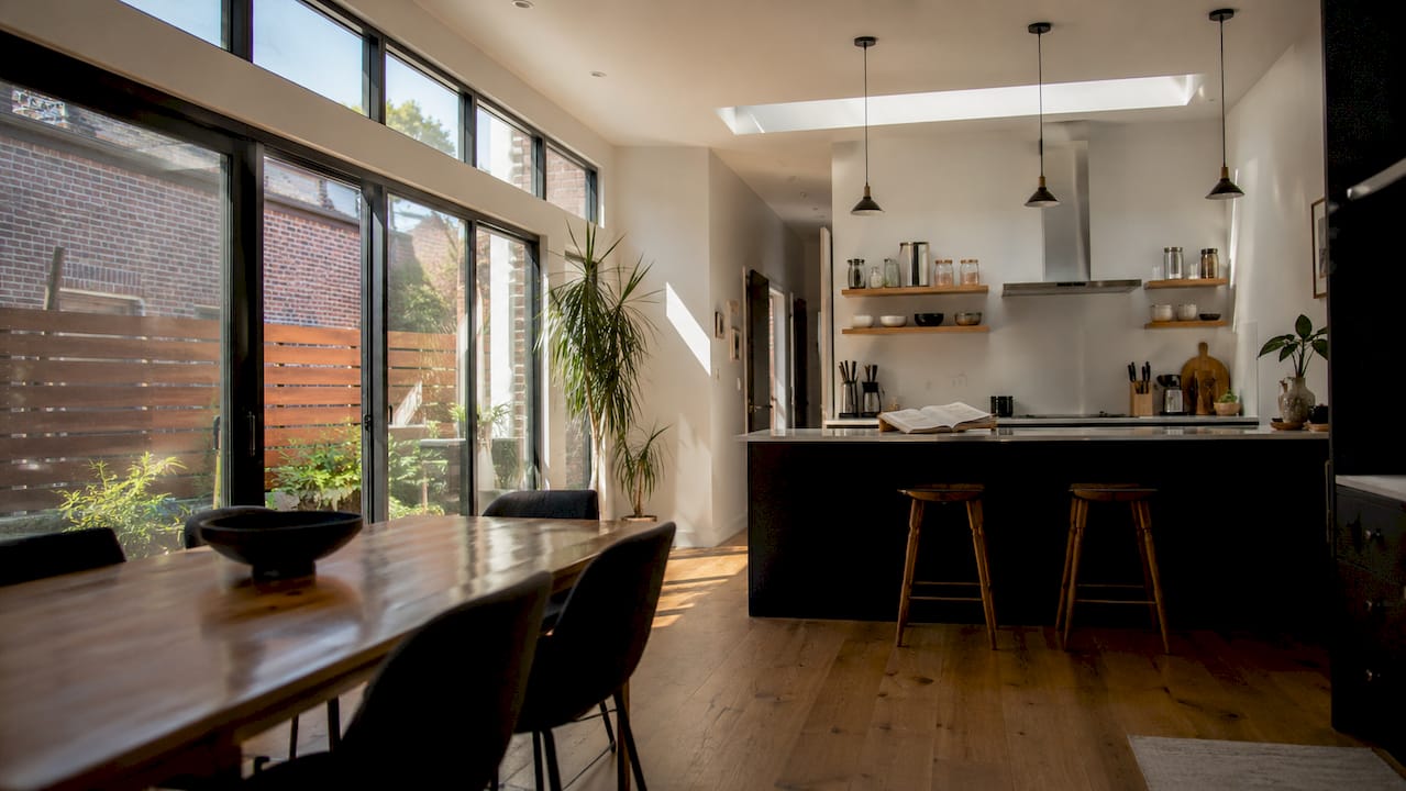 Interior of side return with glazed roof and natural light