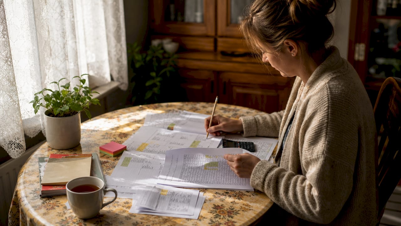Hands organizing renovation budget and schedule documents
