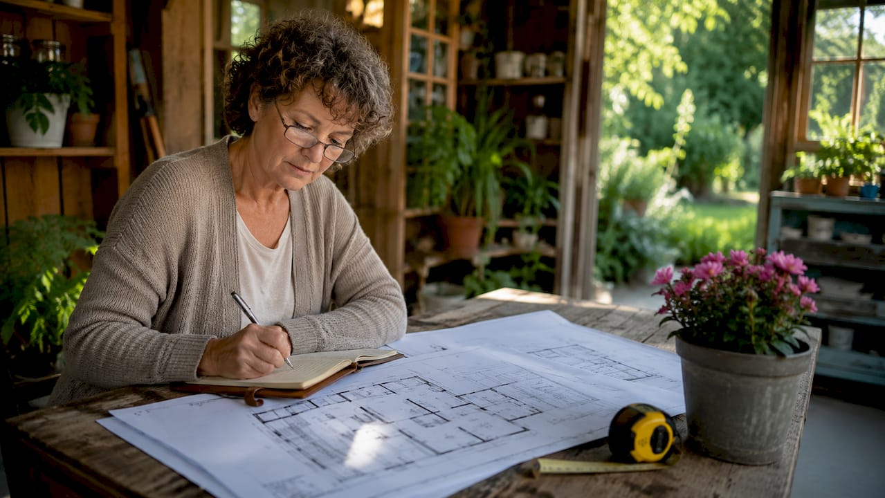 Woman planning home renovation at kitchen table