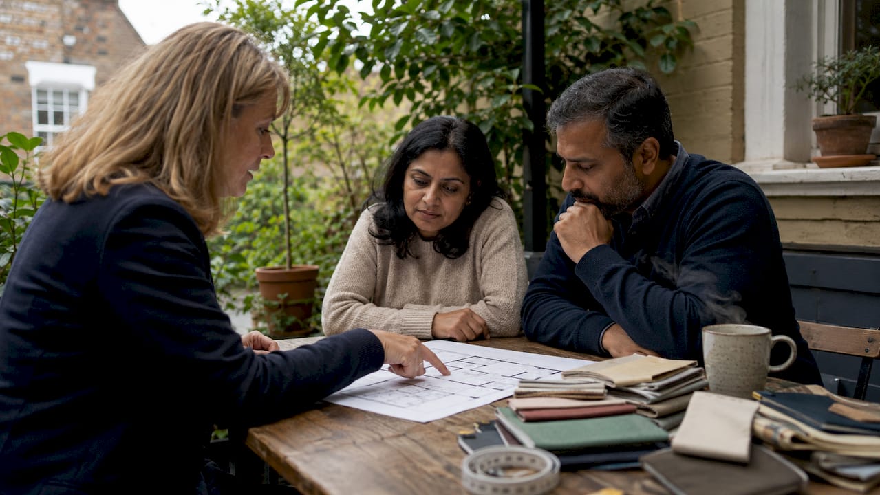 Interior designer consulting London homeowners at table