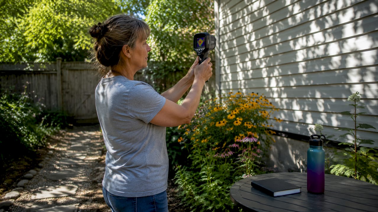 Woman using thermal camera to check home energy efficiency
