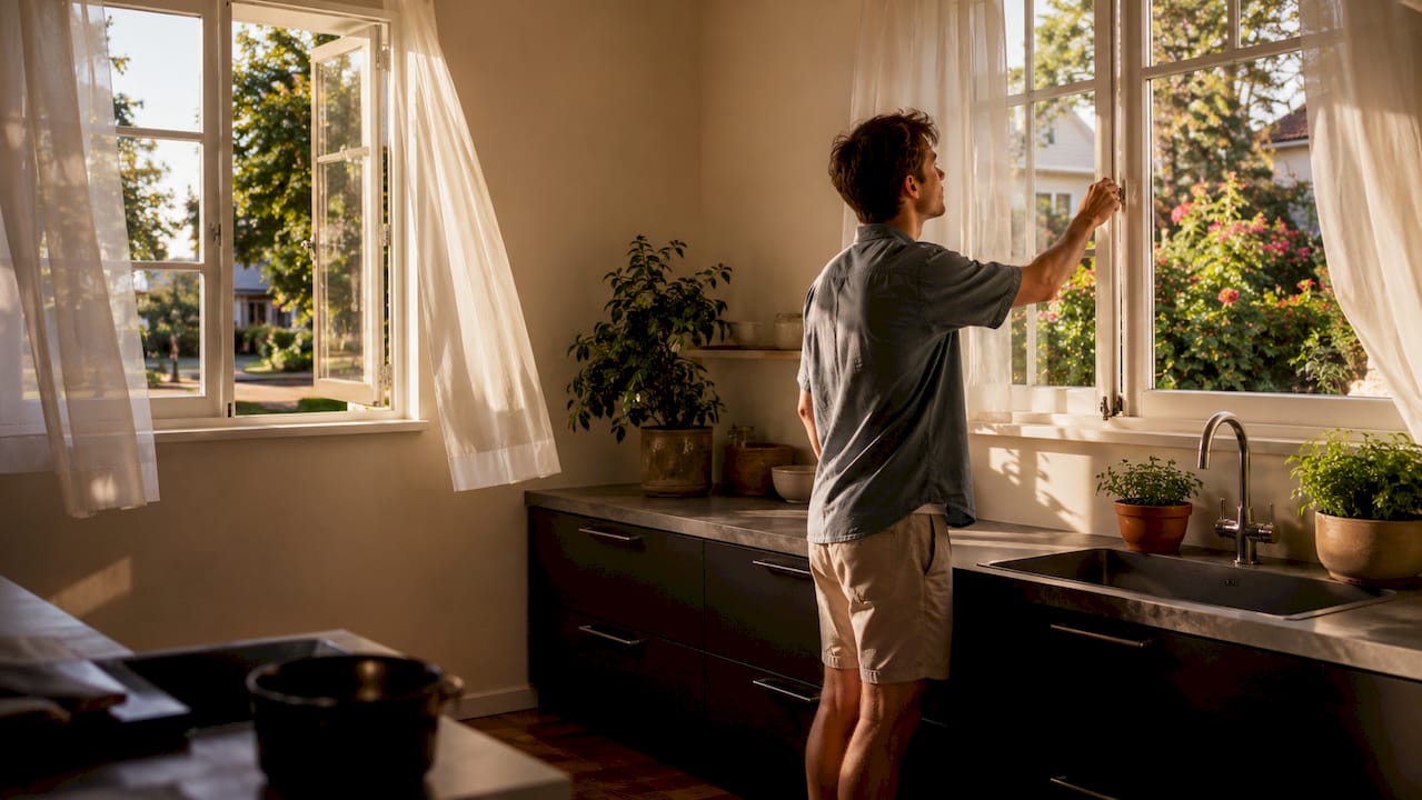 Man opening windows for natural ventilation cooling