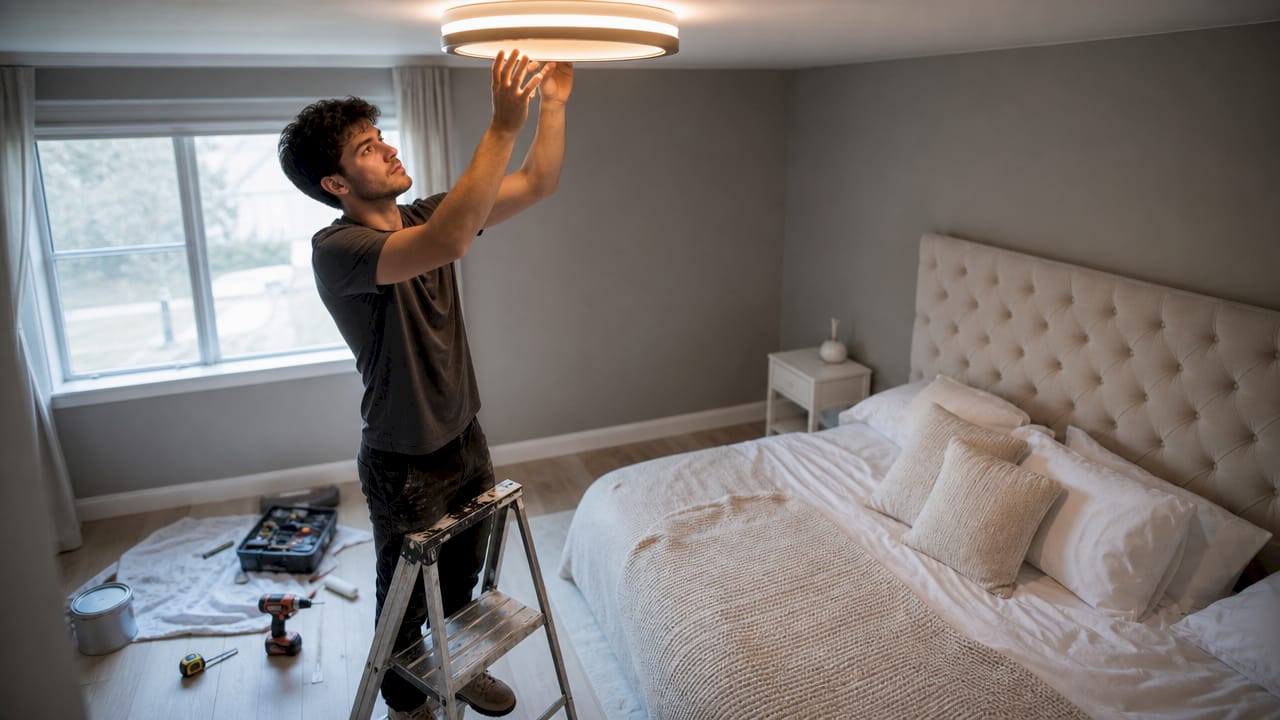 Man upgrading light fixture in small bedroom renovation