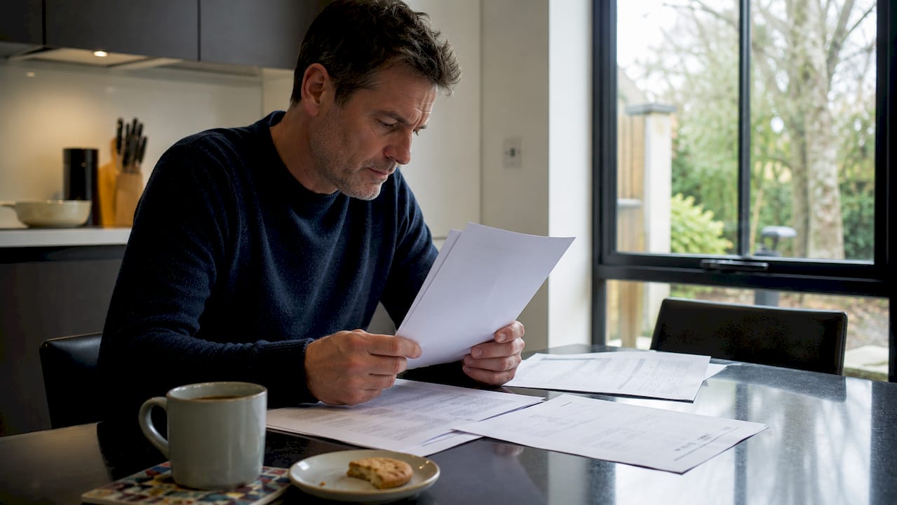 Homeowner reviewing contractor documents at kitchen table