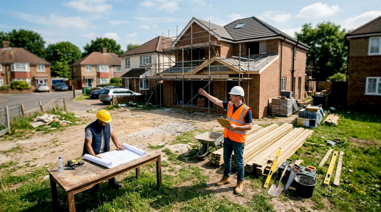 Contractor reviewing plans on construction site outdoors