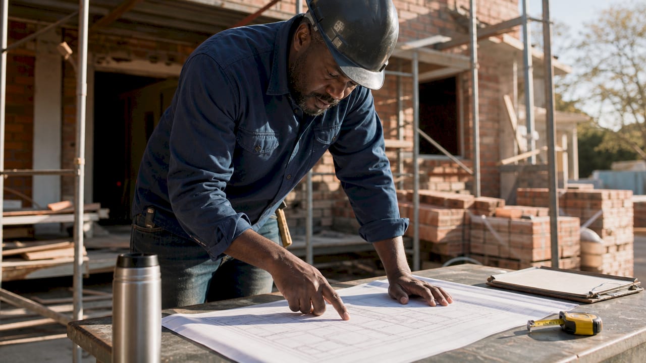 Professional builder reviewing renovation plans on site