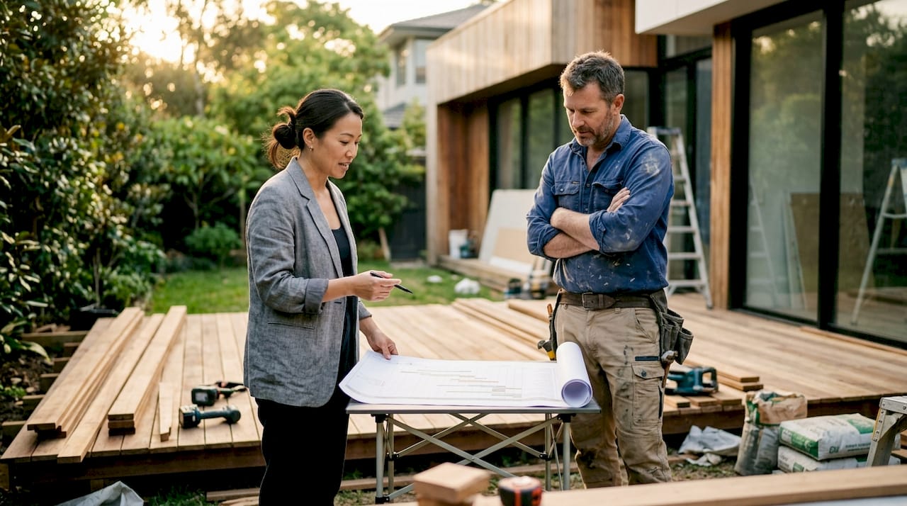 Architect and builder discussing project schedule inside renovation site