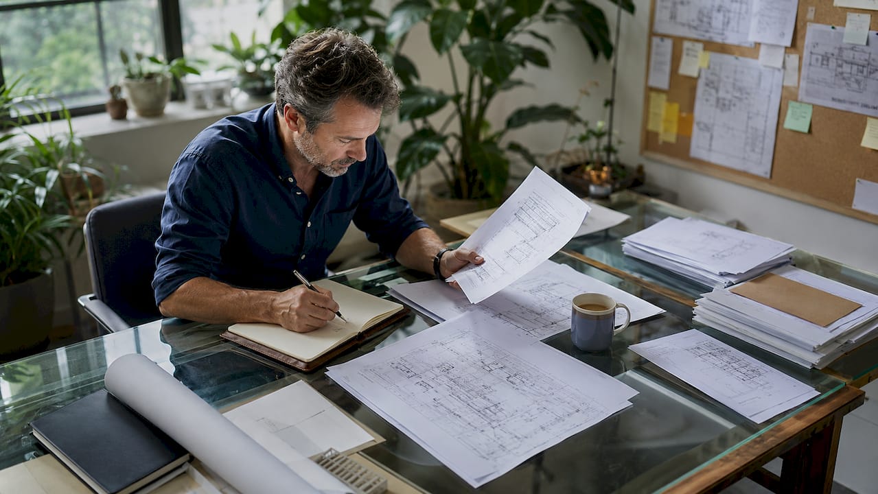 Architect reviewing building regulations documents at home