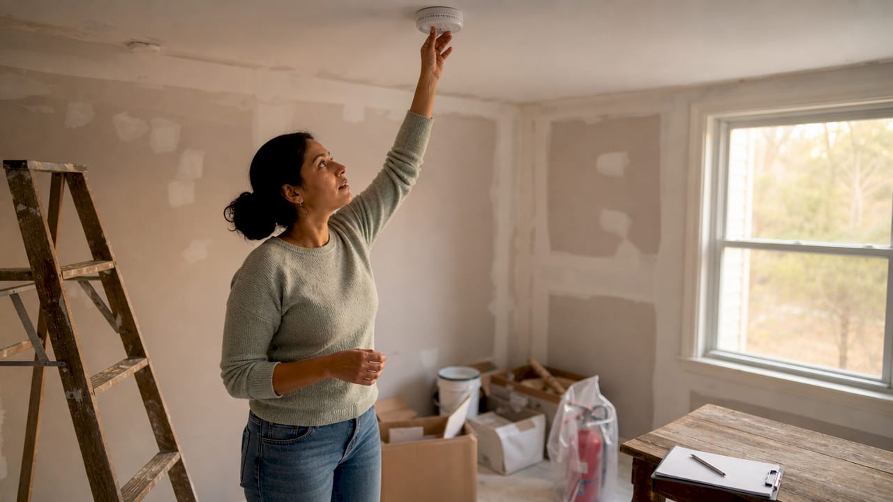 Homeowner inspecting smoke alarm during renovation