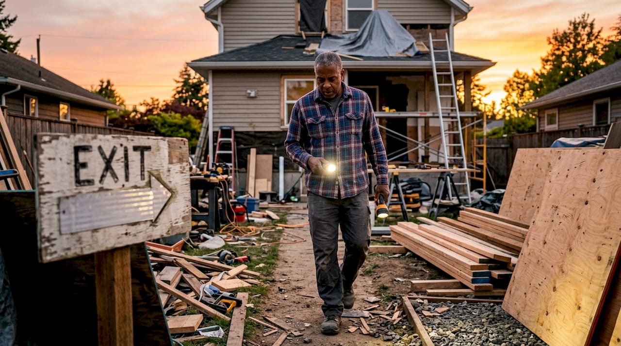 Man inspecting fire escape route during home renovation