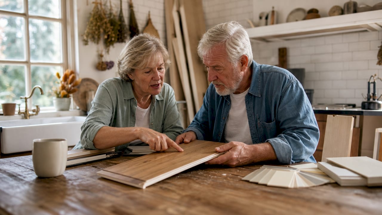 Elderly couple evaluating flooring sample in living room