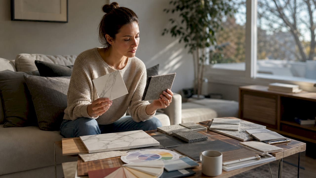 Homeowner comparing renovation material samples at kitchen table